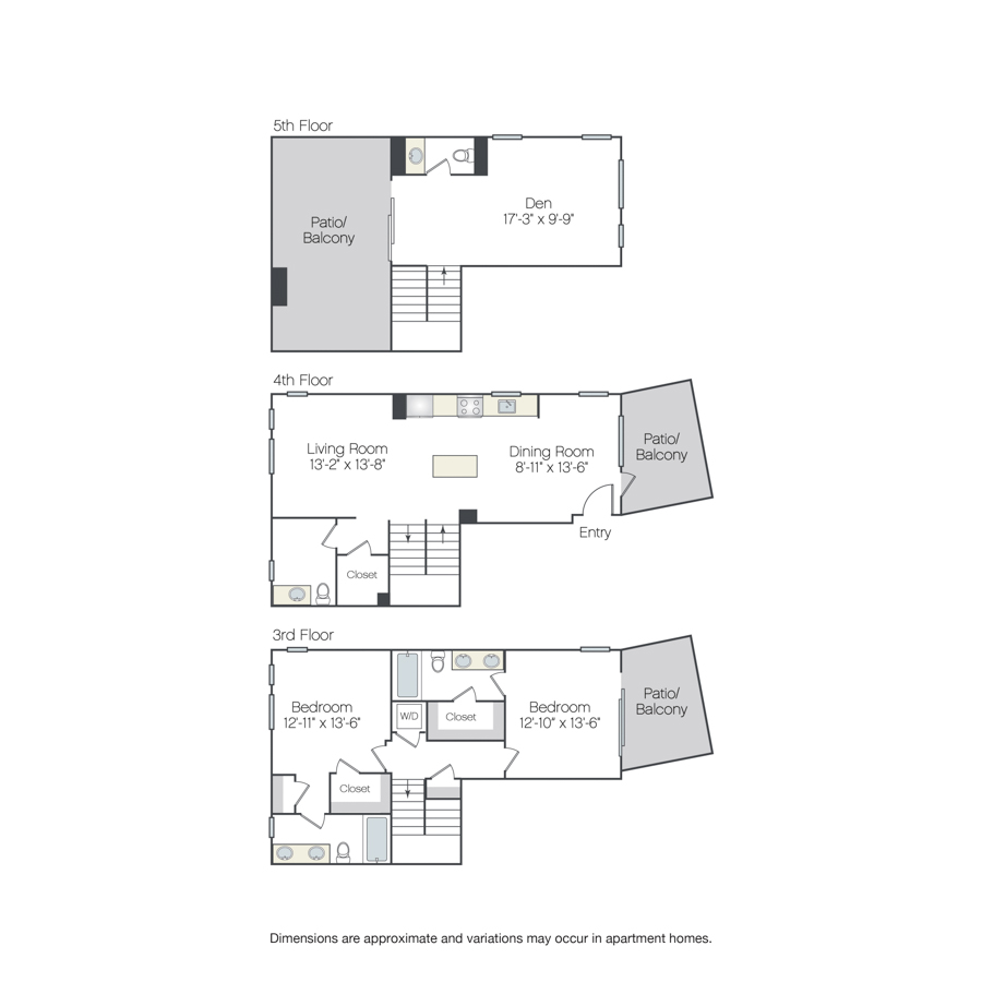 Rendering of the Ross floor plan with 2 bedroom[s] and 2 bathroom[s] at Griffis Platinum Triangle
