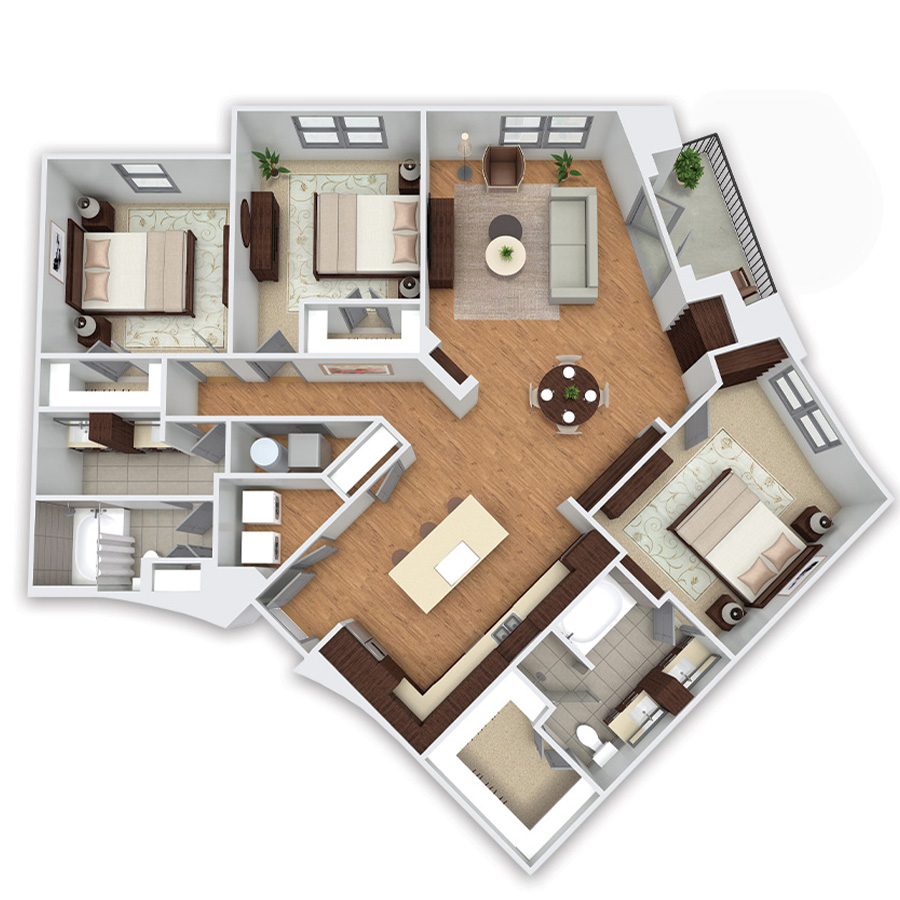 Rendering of the Santa Fe Platinum floor plan with 3 bedroom[s] and 2 bathroom[s] at Griffis Uptown