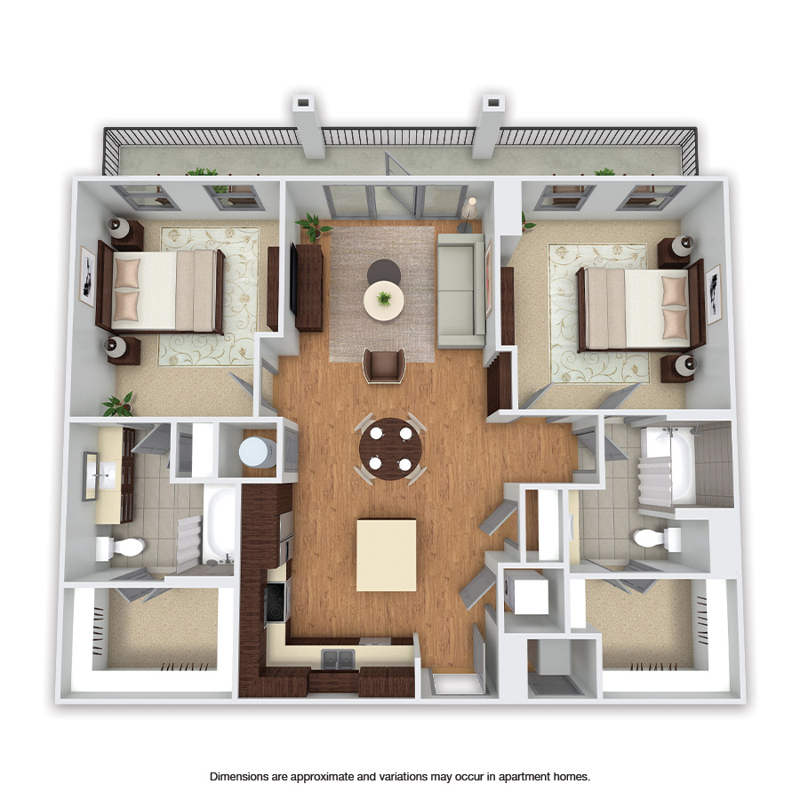 Rendering of the Katy floor plan with 2 bedroom[s] and 2 bathroom[s] at Griffis Uptown
