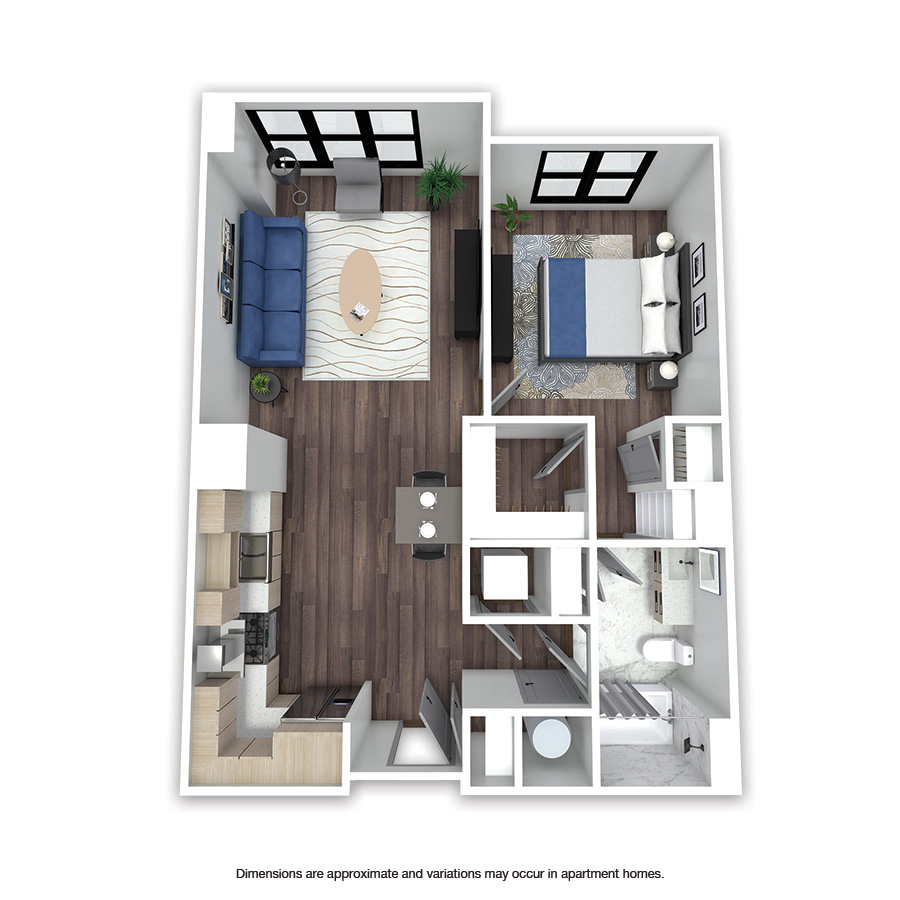 Rendering of the Cordell floor plan with 1 bedroom[s] and 1 bathroom[s] at Griffis Edgemoor
