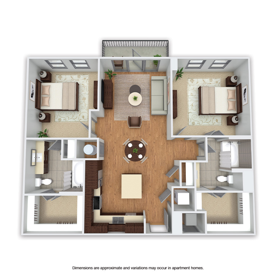 Rendering of the Northaven floor plan with 2 bedroom[s] and 2 bathroom[s] at Griffis Uptown