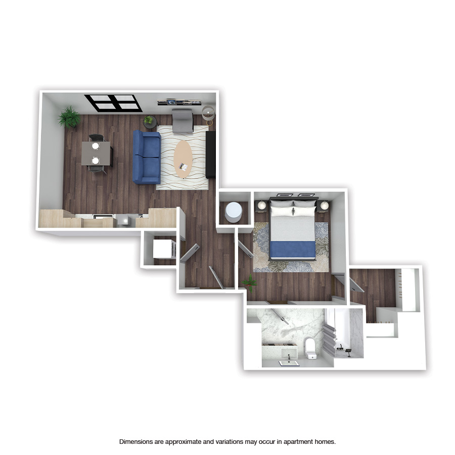 Rendering of the Elm Affordable floor plan with 1 bedroom[s] and 1 bathroom[s] at Griffis Edgemoor