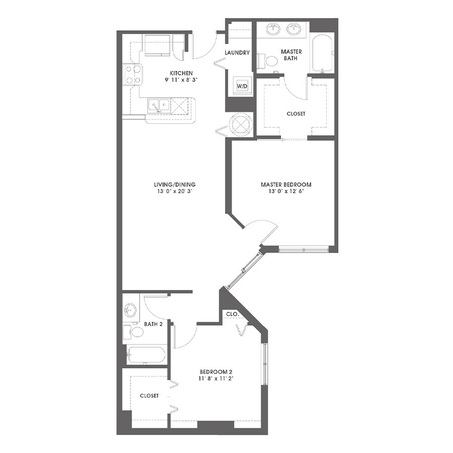 Rendering of the Hillsboro floor plan with 2 bedroom[s] and 2 bathroom[s] at Griffis Pompano Beach