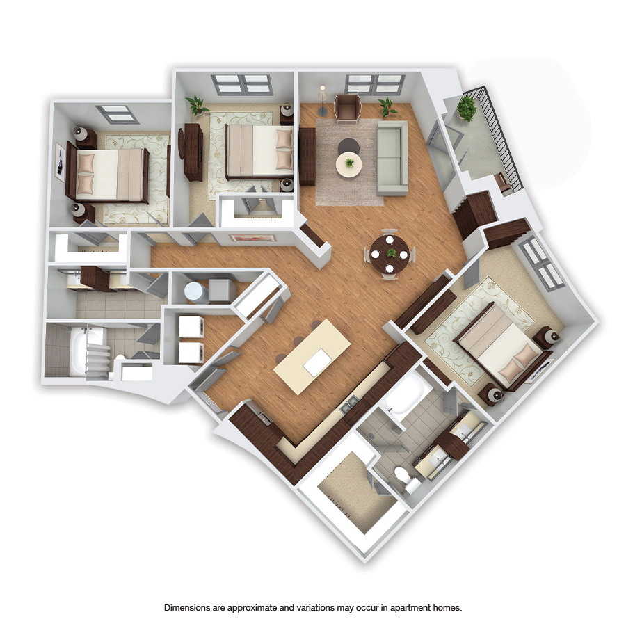 Rendering of the Santa Fe floor plan with 3 bedroom[s] and 2 bathroom[s] at Griffis Uptown