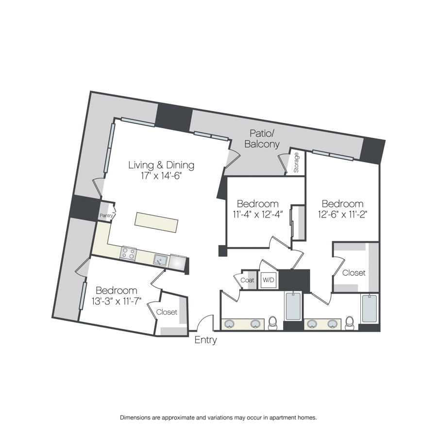 Rendering of the Walnut Grove floor plan with 3 bedroom[s] and 2 bathroom[s] at Griffis Platinum Triangle