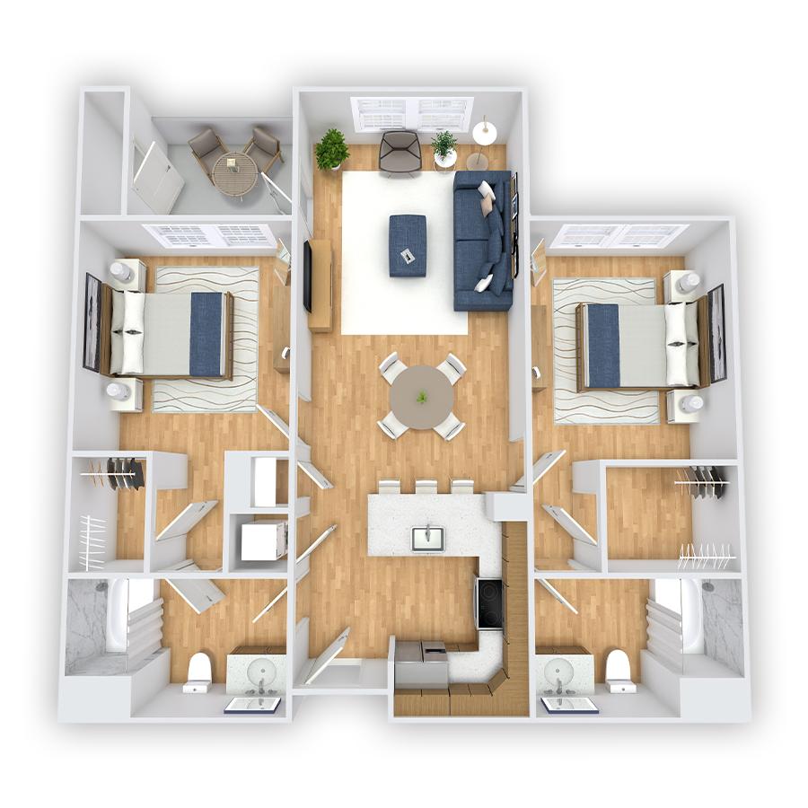 Rendering of the Pinewood Affordable floor plan with 2 bedroom[s] and 2 bathroom[s] at Griffis South Bay
