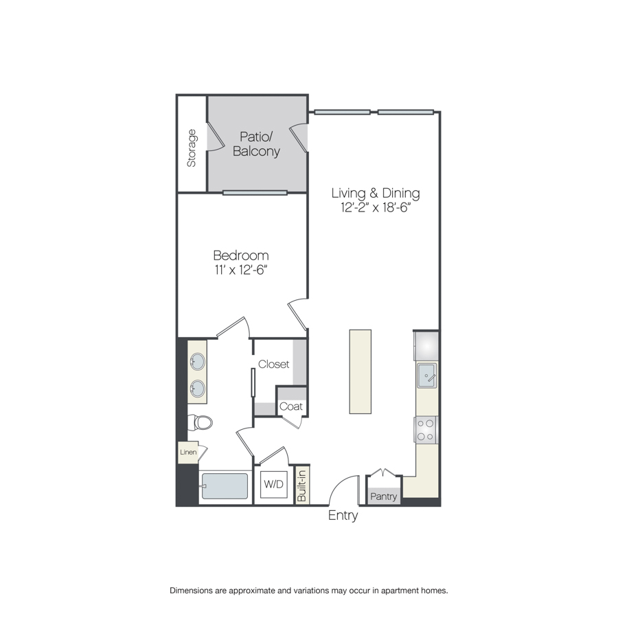 Rendering of the Boysen floor plan with 1 bedroom[s] and 1 bathroom[s] at Griffis Platinum Triangle