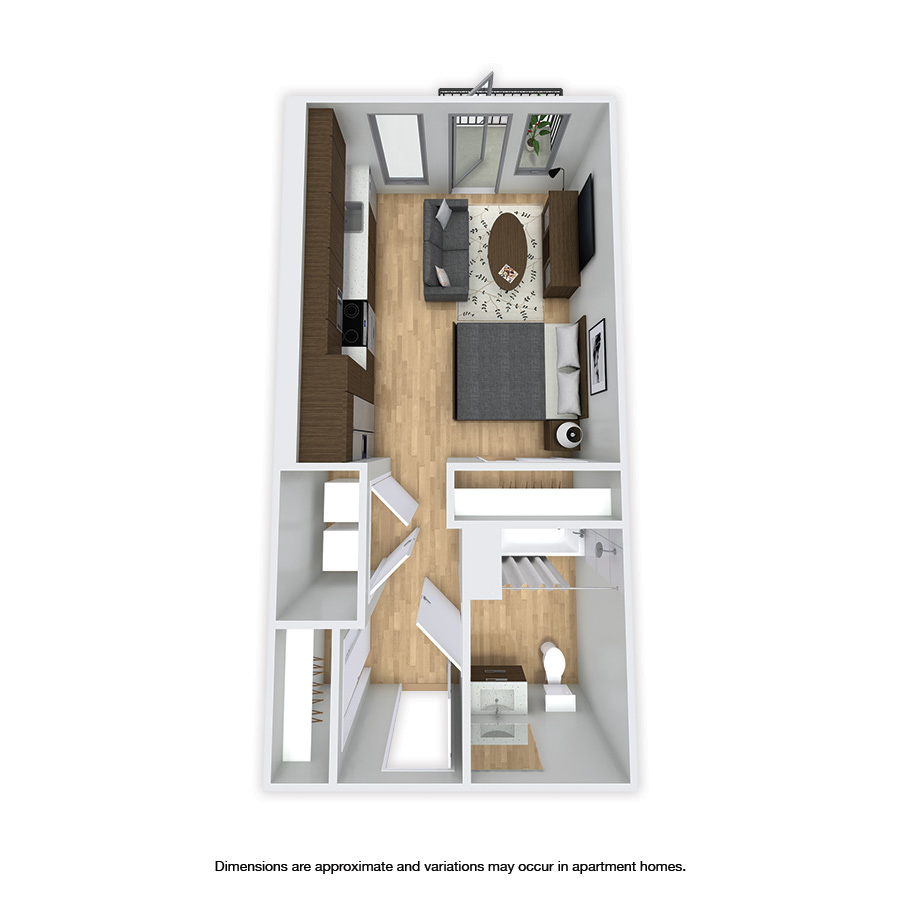 Rendering of the Bagley floor plan with a Studio bedroom and 1 bathroom[s] at Griffis Shoreline