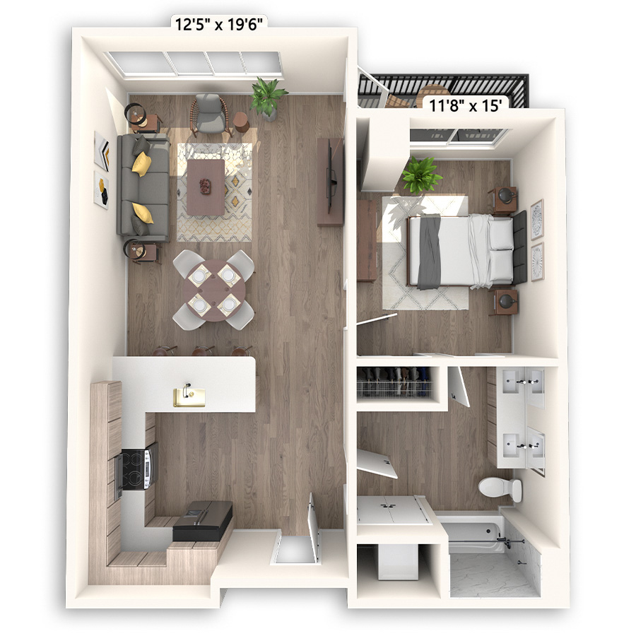 Rendering of the Crestone floor plan with 1 bedroom[s] and 1 bathroom[s] at Griffis LoDo