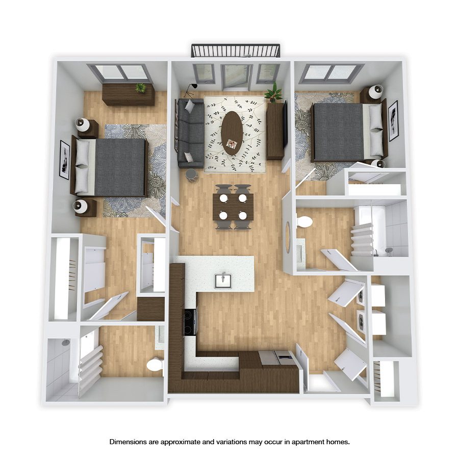 Rendering of the Parkwood floor plan with 2 bedroom[s] and 2 bathroom[s] at Griffis Shoreline