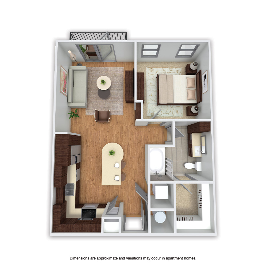 Rendering of the Elm floor plan with 1 bedroom[s] and 1 bathroom[s] at Griffis Uptown