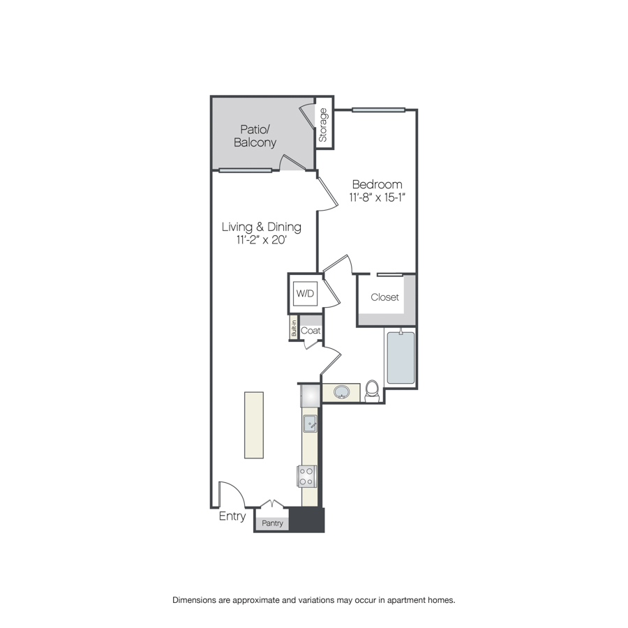 Rendering of the Brookhurst floor plan with 1 bedroom[s] and 1 bathroom[s] at Griffis Platinum Triangle