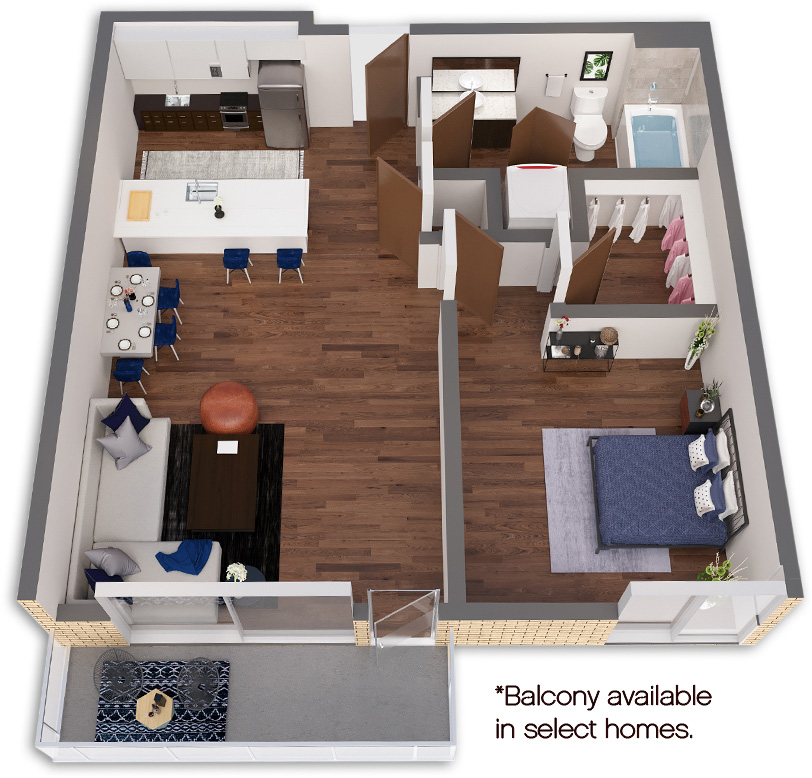 Rendering of the Salmonberry Platinum floor plan with 1 bedroom[s] and 1 bathroom[s] at Griffis South Waterfront
