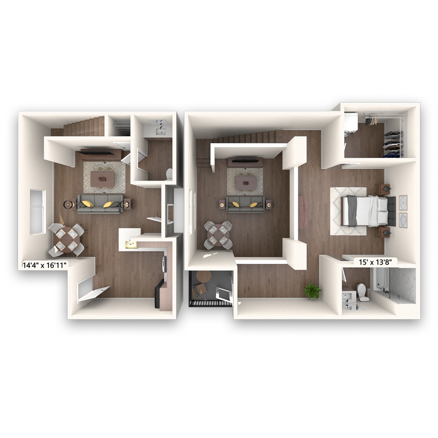Rendering of the Yale floor plan with 1 bedroom[s] and 1.5 bathroom[s] at Griffis LoDo