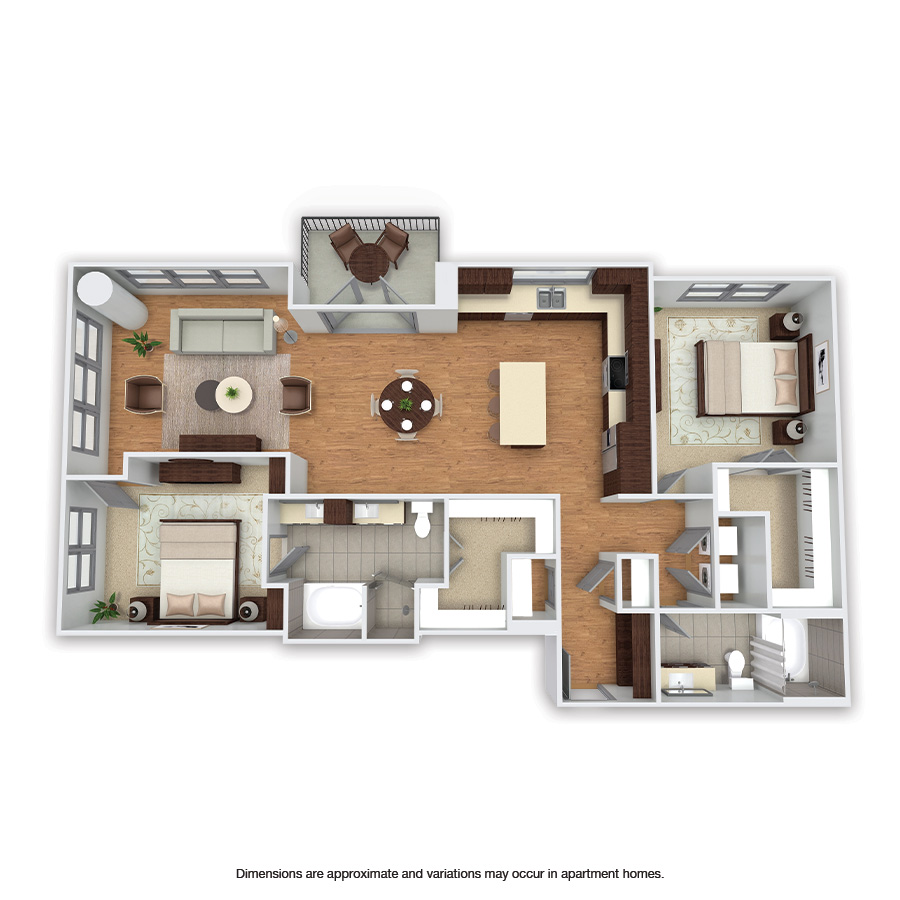 Rendering of the Preston floor plan with 2 bedroom[s] and 2 bathroom[s] at Griffis Uptown
