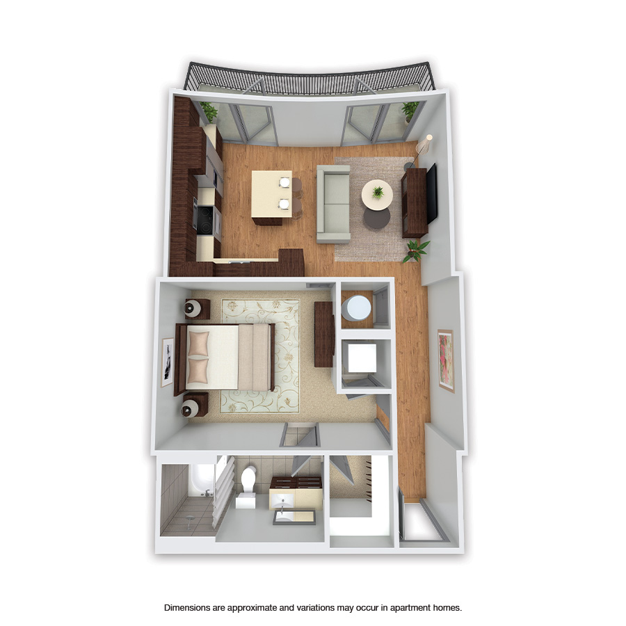 Rendering of the Cedar floor plan with 1 bedroom[s] and 1 bathroom[s] at Griffis Uptown