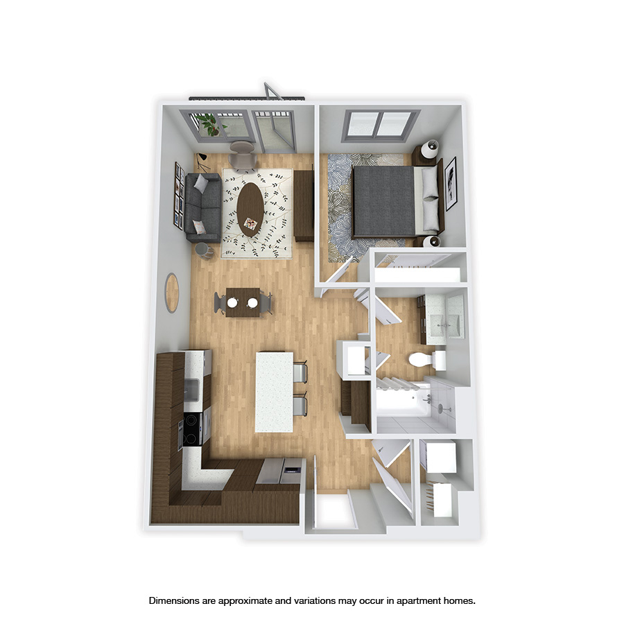 Rendering of the Linden floor plan with 1 bedroom[s] and 1 bathroom[s] at Griffis Shoreline
