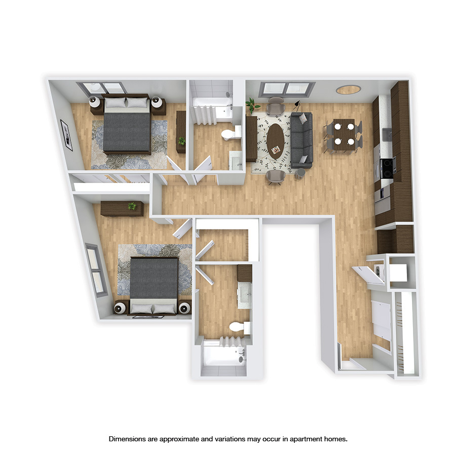 Rendering of the Stone floor plan with 2 bedroom[s] and 2 bathroom[s] at Griffis Shoreline