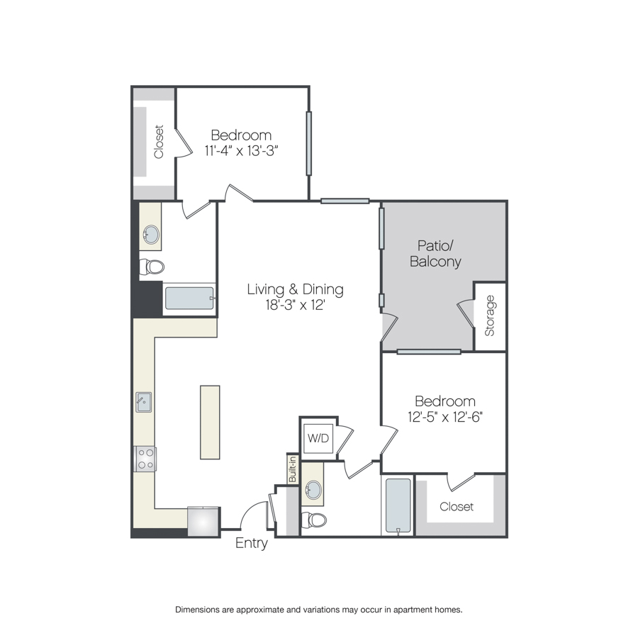 Rendering of the Ponderosa floor plan with 2 bedroom[s] and 2 bathroom[s] at Griffis Platinum Triangle