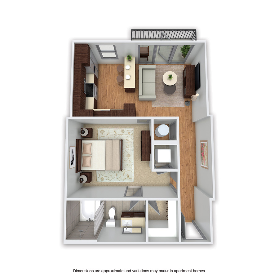 Rendering of the Bachman floor plan with 1 bedroom[s] and 1 bathroom[s] at Griffis Uptown