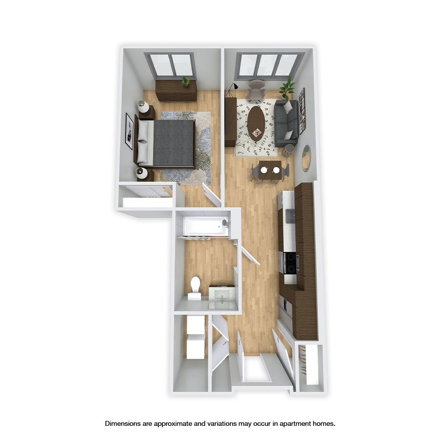 Rendering of the Glenwood floor plan with 1 bedroom[s] and 1 bathroom[s] at Griffis Shoreline