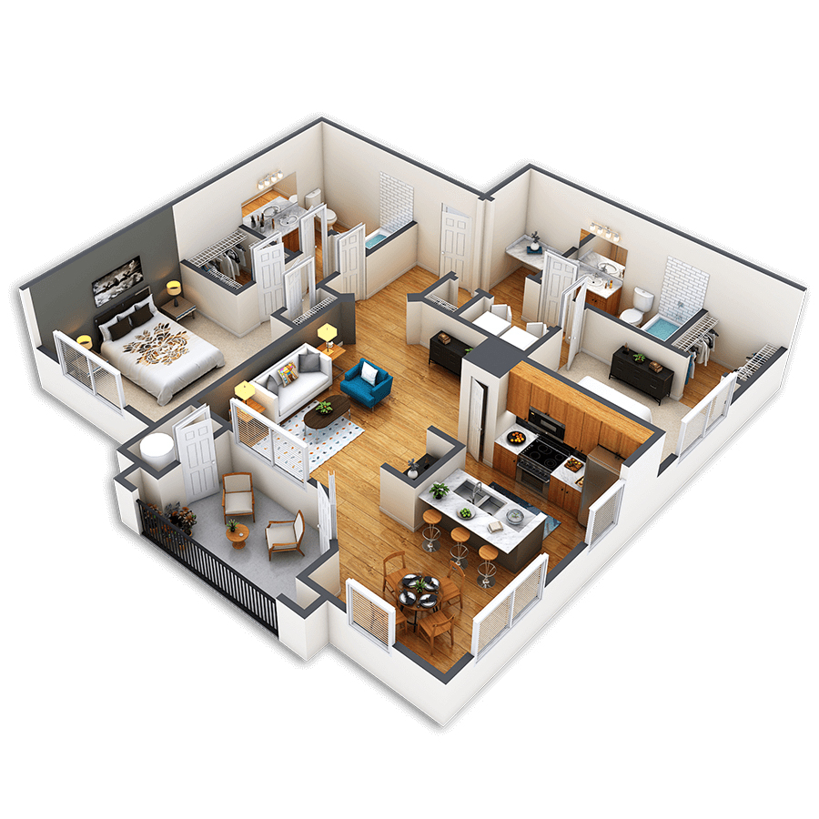 Rendering of the Speer floor plan with 2 bedroom[s] and 2 bathroom[s] at Griffis Fitzsimons South