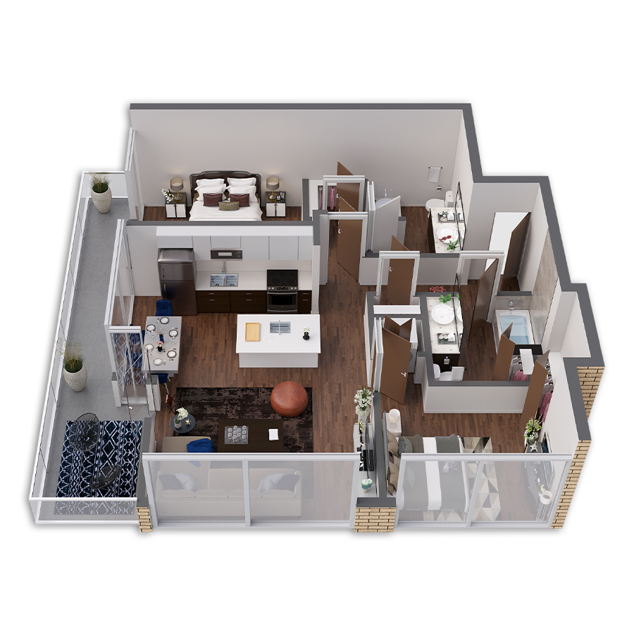 Rendering of the Link floor plan with 2 bedroom[s] and 2 bathroom[s] at Griffis South Waterfront