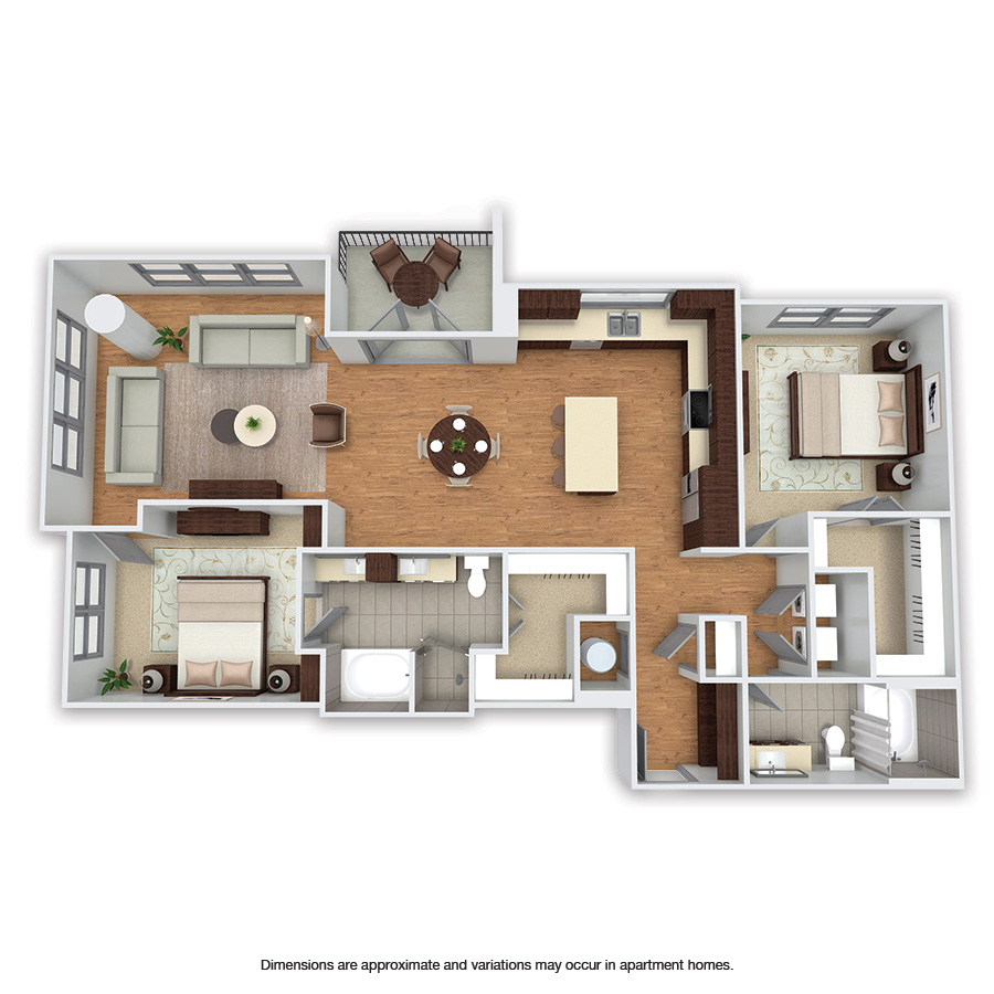 Rendering of the Renner floor plan with 2 bedroom[s] and 2 bathroom[s] at Griffis Uptown