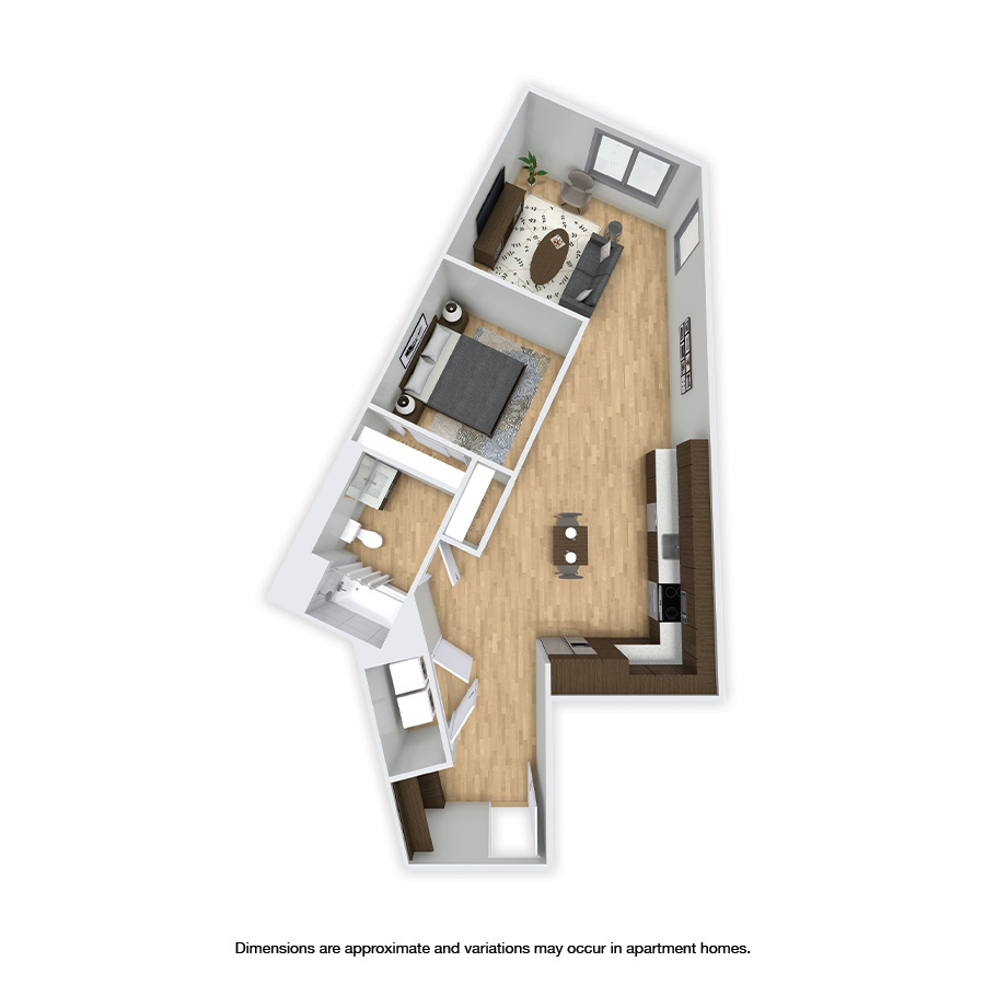 Rendering of the Fremont floor plan with 1 bedroom[s] and 1 bathroom[s] at Griffis Shoreline