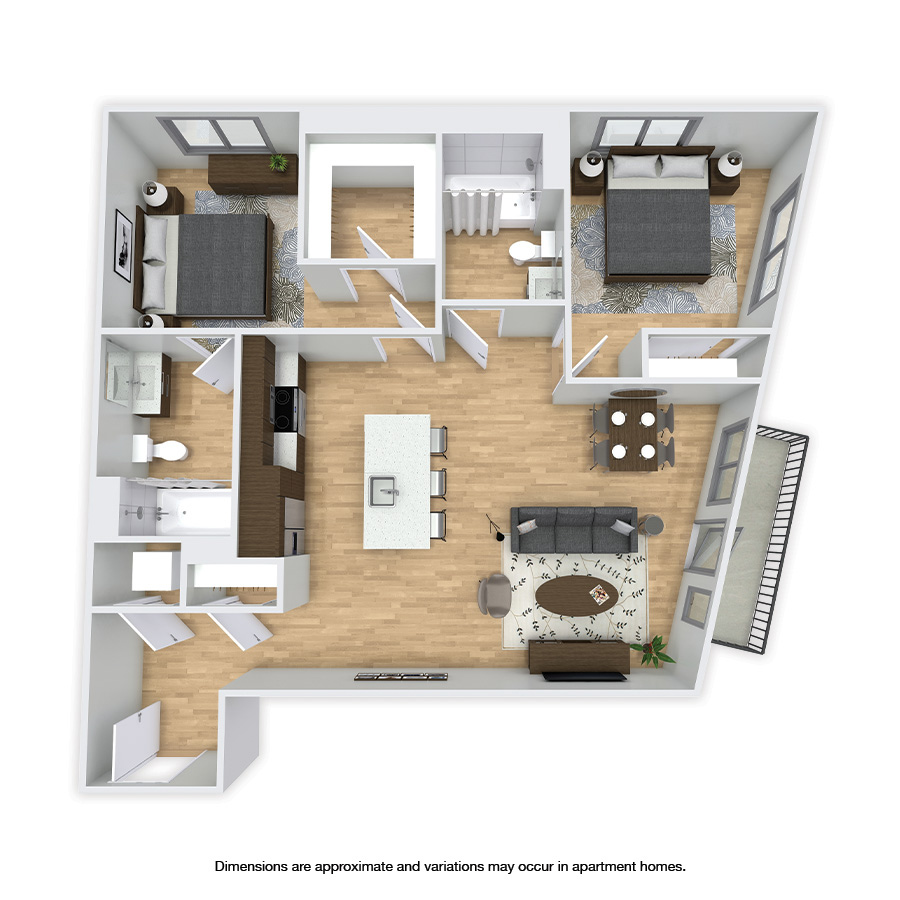 Rendering of the Pontius floor plan with 2 bedroom[s] and 2 bathroom[s] at Griffis Shoreline