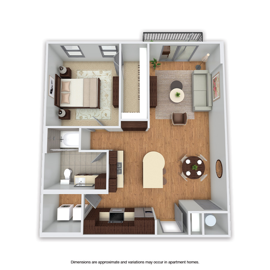 Rendering of the Heritage floor plan with 1 bedroom[s] and 1 bathroom[s] at Griffis Uptown