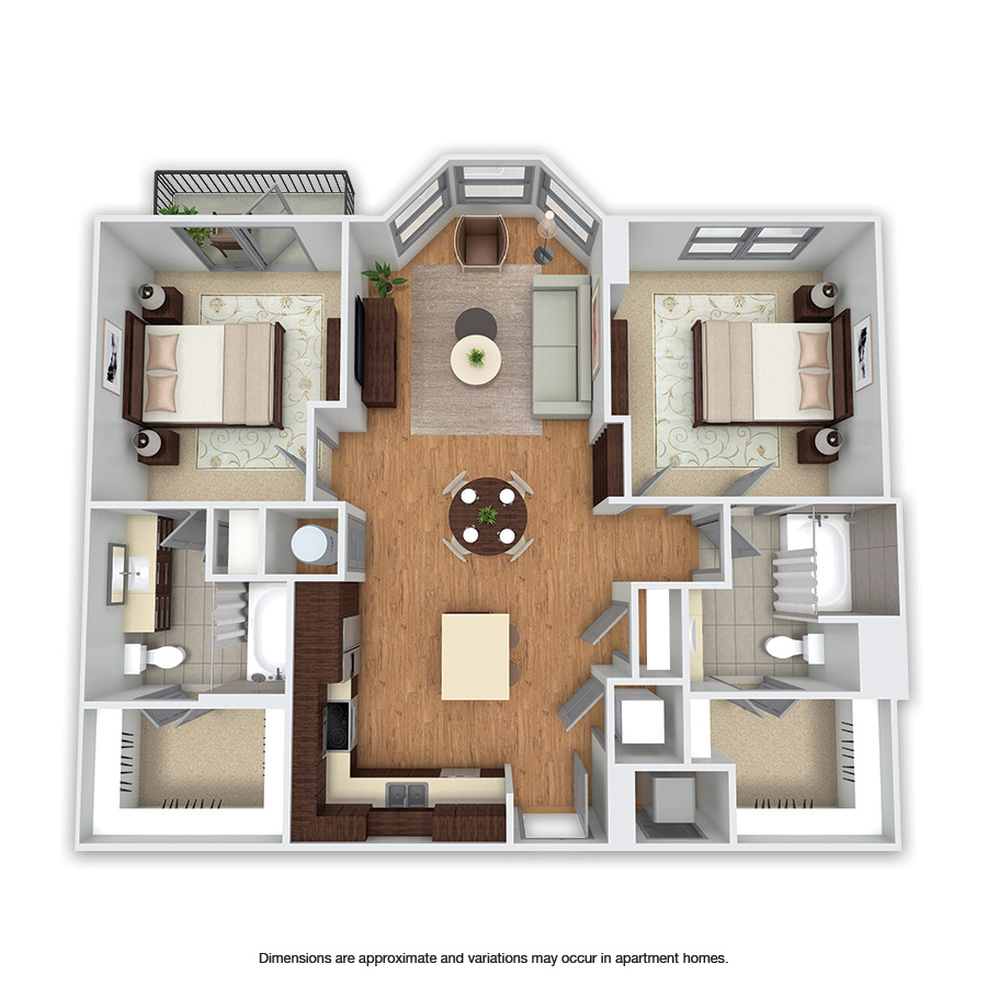 Rendering of the Meadowmere floor plan with 2 bedroom[s] and 2 bathroom[s] at Griffis Uptown