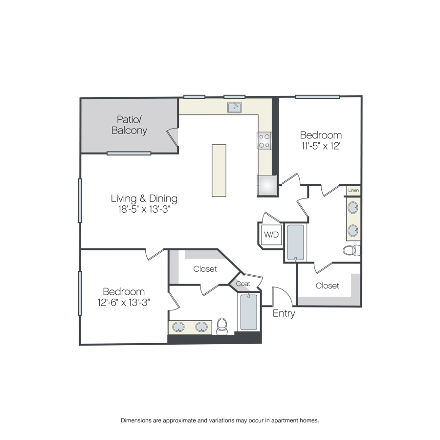 Rendering of the Pioneer floor plan with 2 bedroom[s] and 2 bathroom[s] at Griffis Platinum Triangle