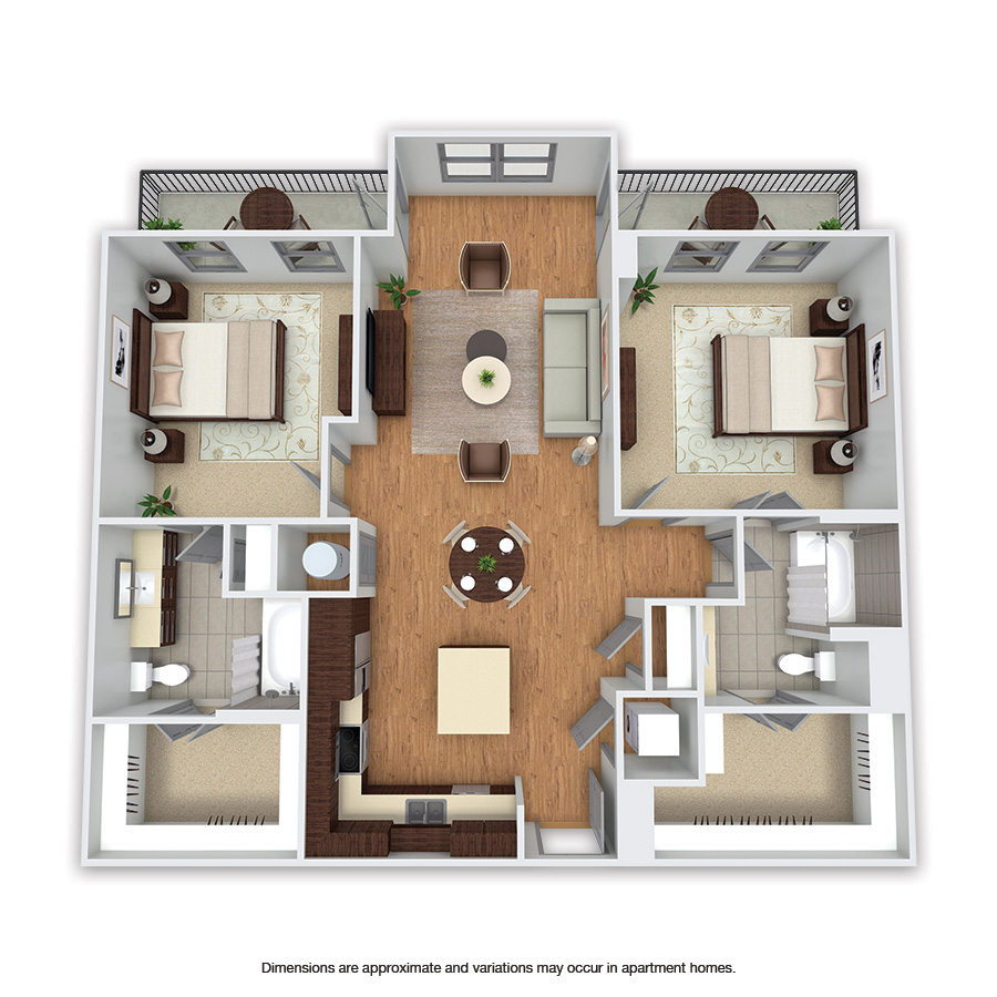 Rendering of the Parr floor plan with 2 bedroom[s] and 2 bathroom[s] at Griffis Uptown