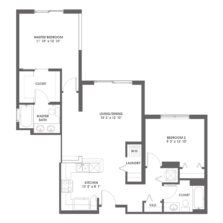Rendering of the Juno floor plan with 2 bedroom[s] and 2 bathroom[s] at Griffis Pompano Beach