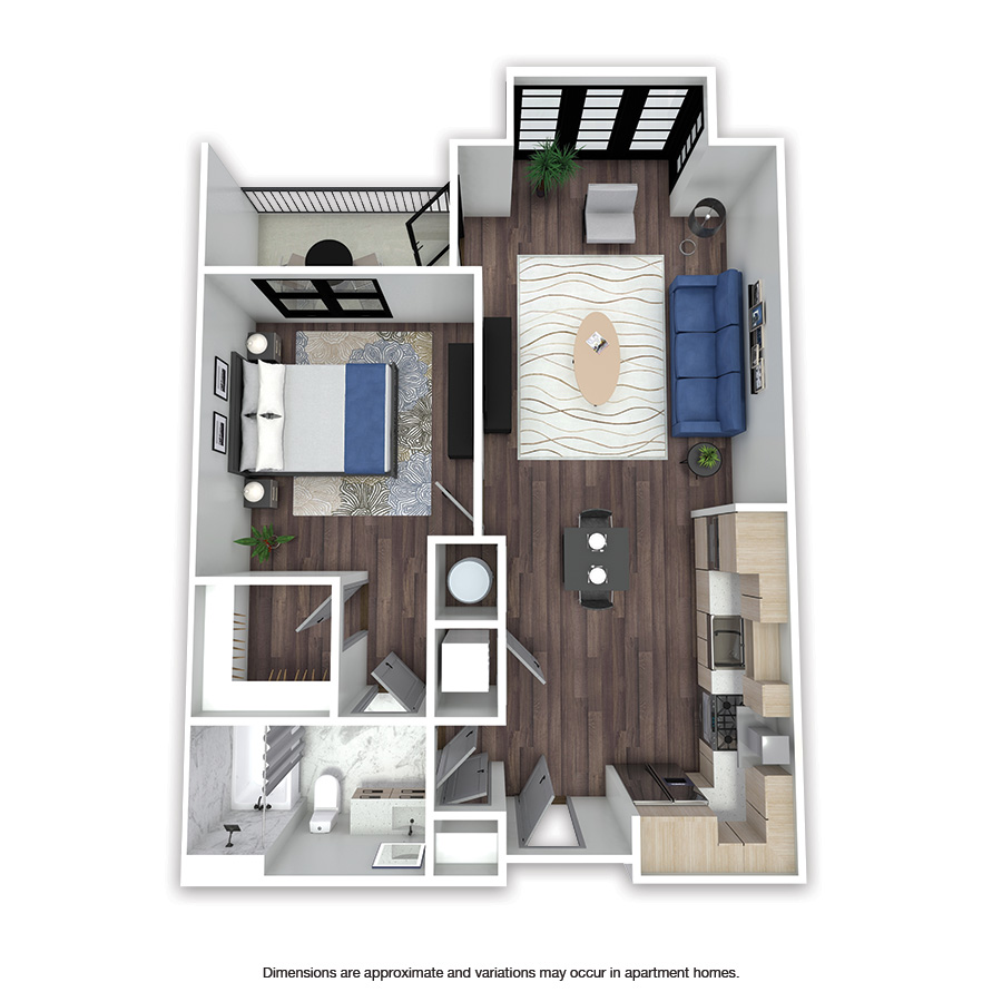 Rendering of the Cornish floor plan with 1 bedroom[s] and 1 bathroom[s] at Griffis Edgemoor