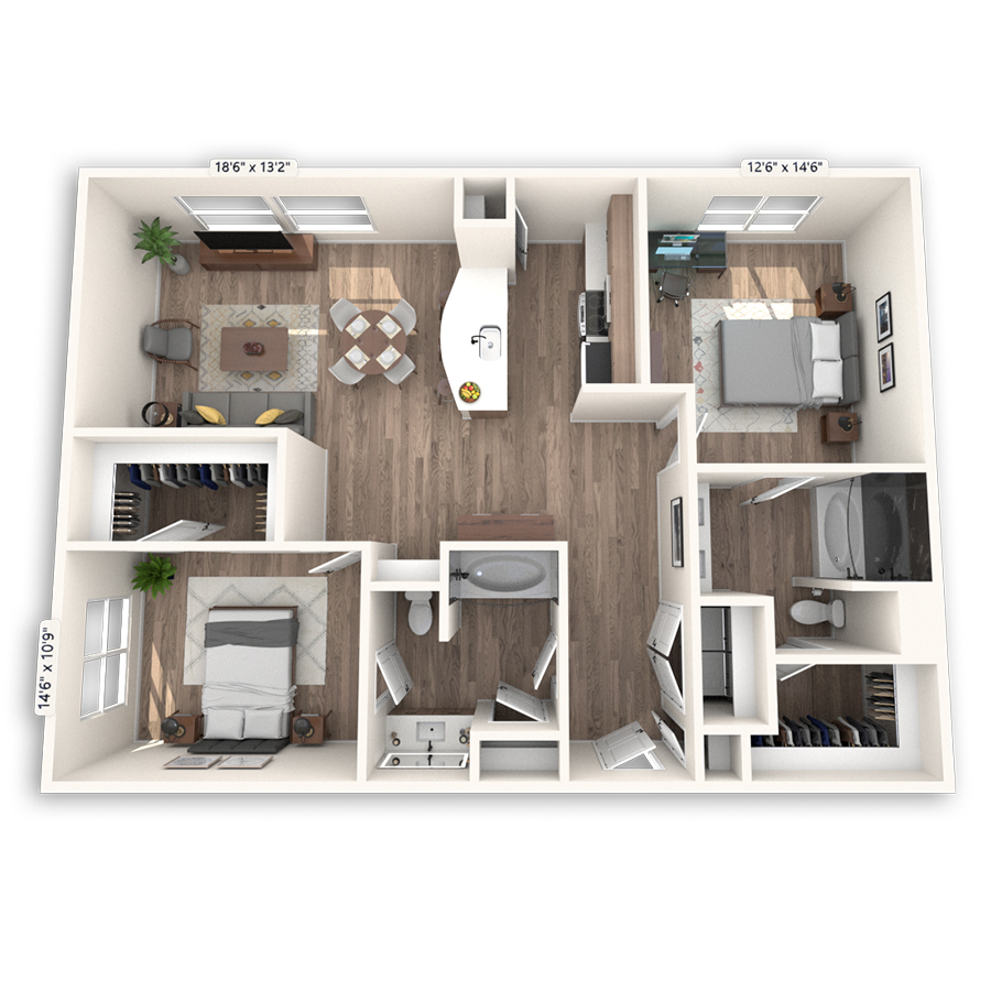 Rendering of the Cordoba Platinum floor plan with 2 bedroom[s] and 2 bathroom[s] at Griffis at The Domain