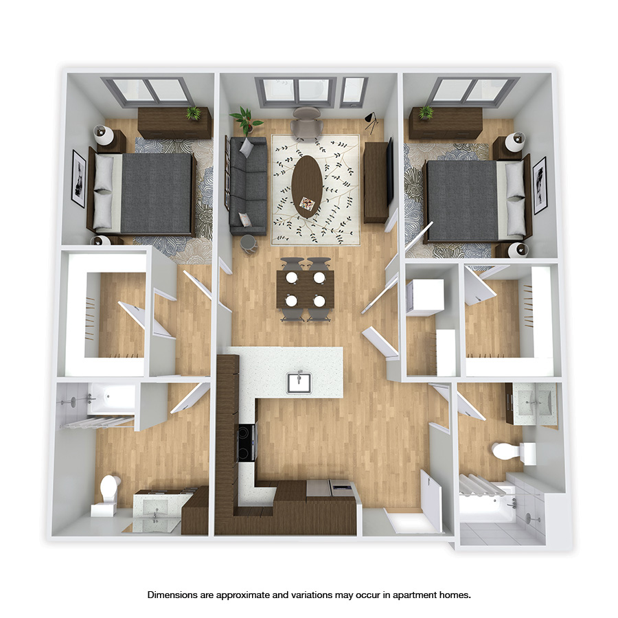 Rendering of the Oakwood floor plan with 2 bedroom[s] and 2 bathroom[s] at Griffis Shoreline