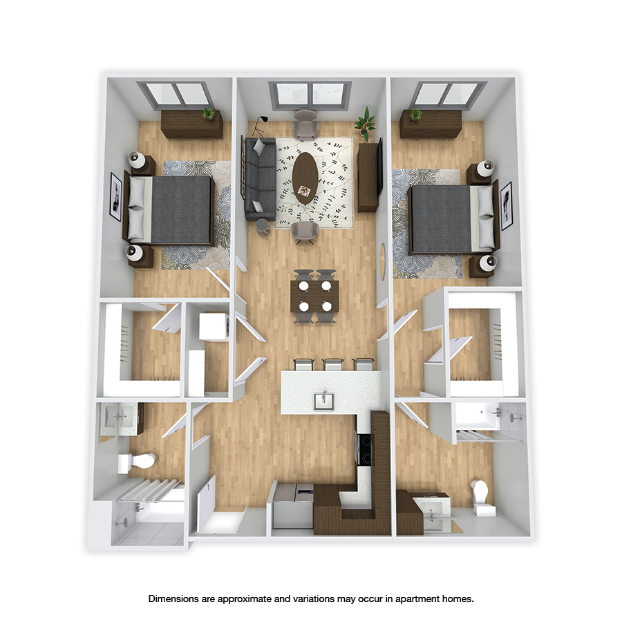 Rendering of the Wallace Affordable floor plan with 2 bedroom[s] and 2 bathroom[s] at Griffis Shoreline