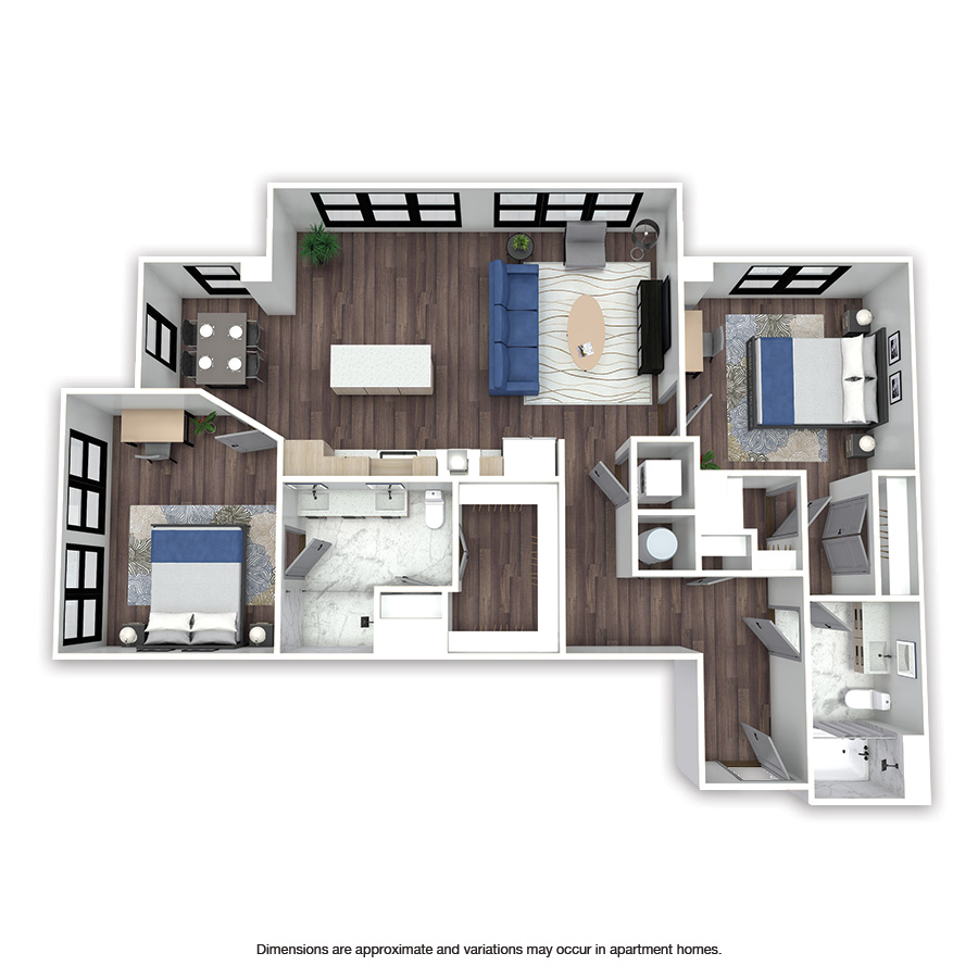 Rendering of the Montgomery floor plan with 2 bedroom[s] and 2 bathroom[s] at Griffis Edgemoor