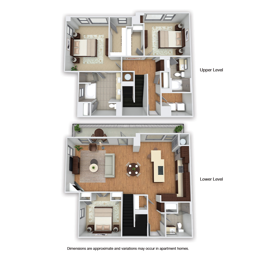 Rendering of the Turtle Creek floor plan with 3 bedroom[s] and 3 bathroom[s] at Griffis Uptown