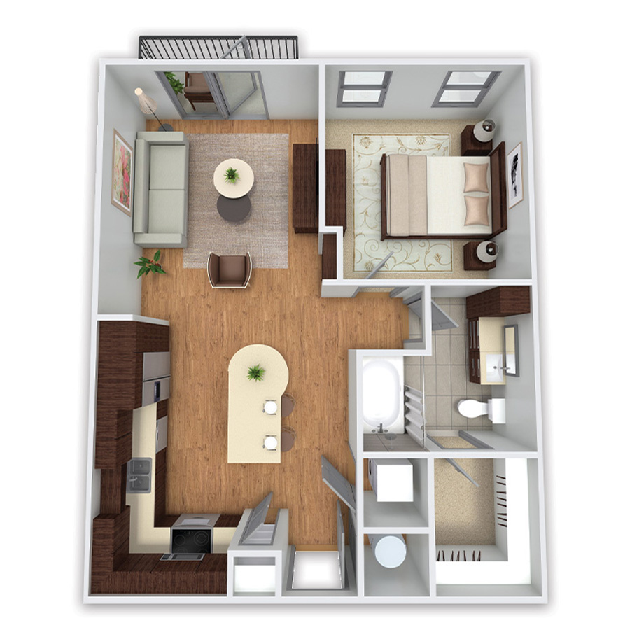 Rendering of the Elm Platinum floor plan with 1 bedroom[s] and 1 bathroom[s] at Griffis Uptown