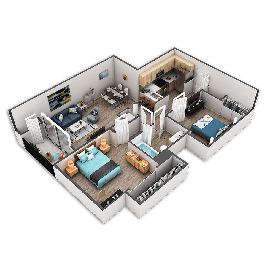 Rendering of the Lenora floor plan with 2 bedroom[s] and 1 bathroom[s] at Griffis Belltown