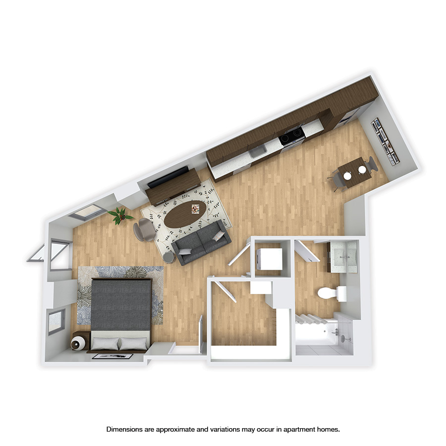 Rendering of the Corliss Affordable floor plan with a Studio bedroom and 1 bathroom[s] at Griffis Shoreline