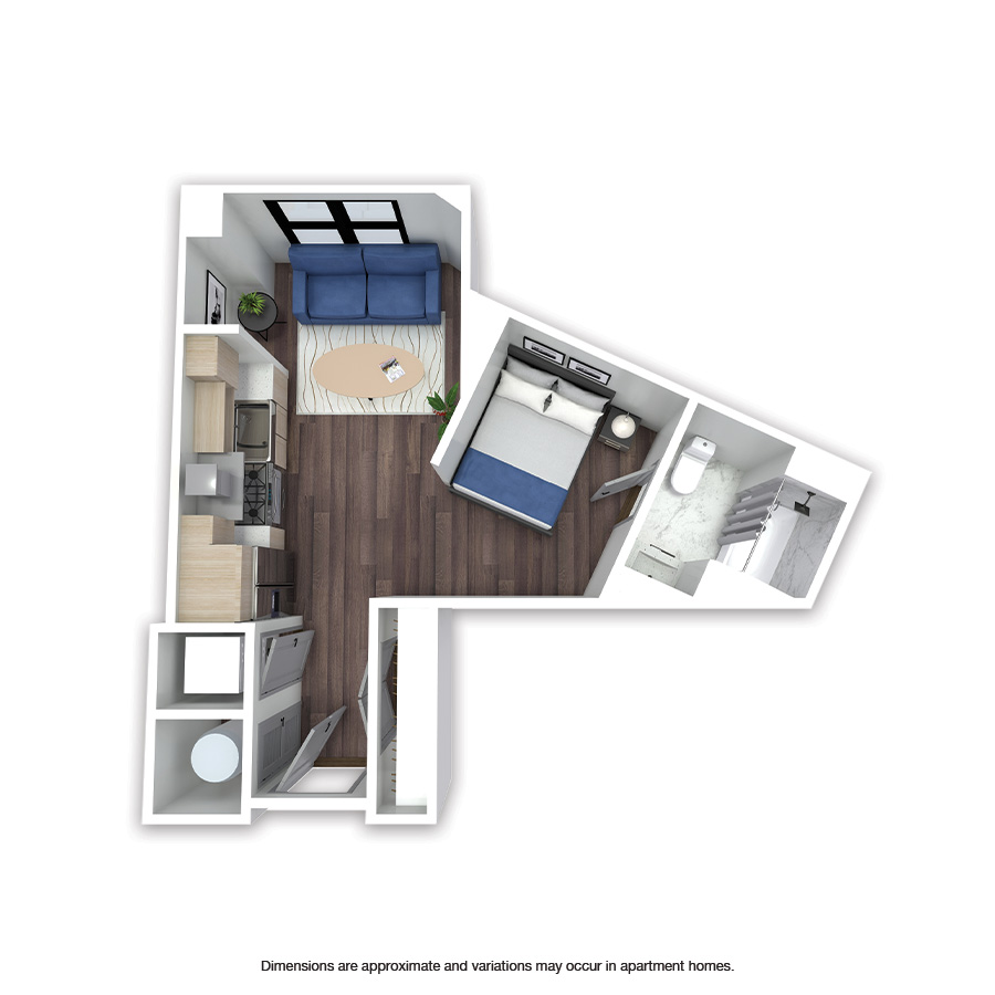 Rendering of the Denton Affordable floor plan with 1 bedroom[s] and 1 bathroom[s] at Griffis Edgemoor