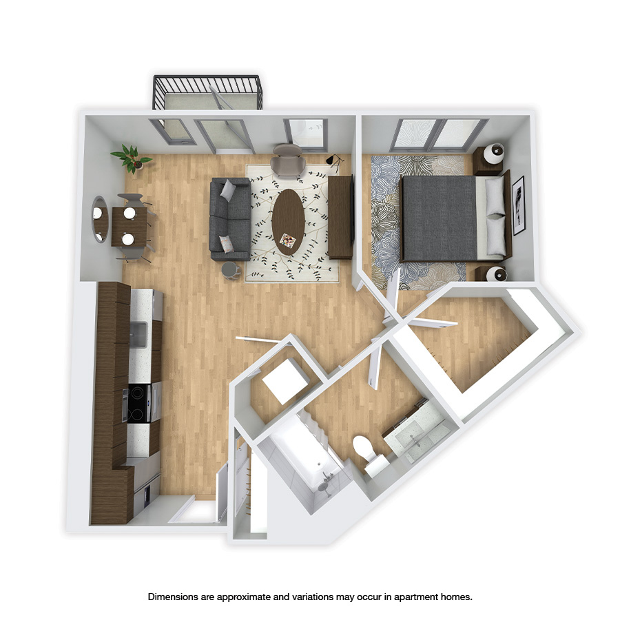 Rendering of the Interlake floor plan with 1 bedroom[s] and 1 bathroom[s] at Griffis Shoreline