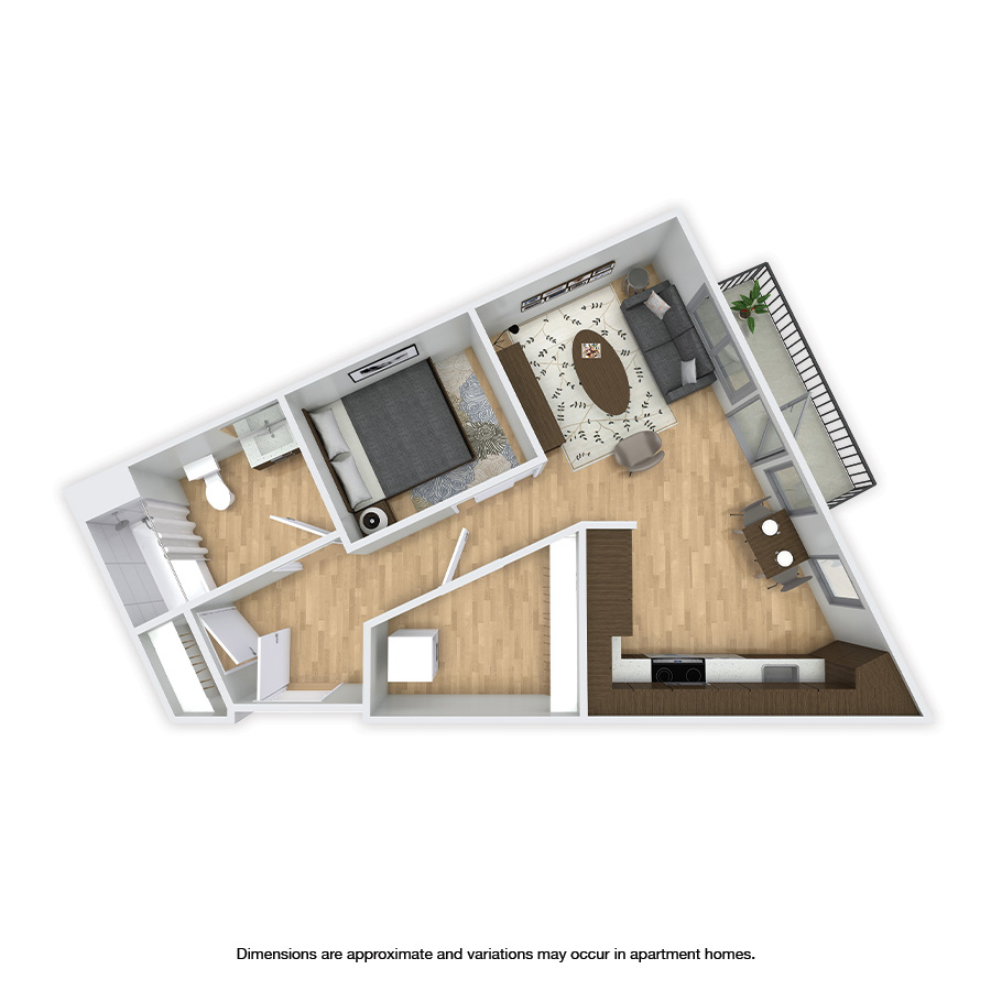 Rendering of the Evanston floor plan with 1 bedroom[s] and 1 bathroom[s] at Griffis Shoreline