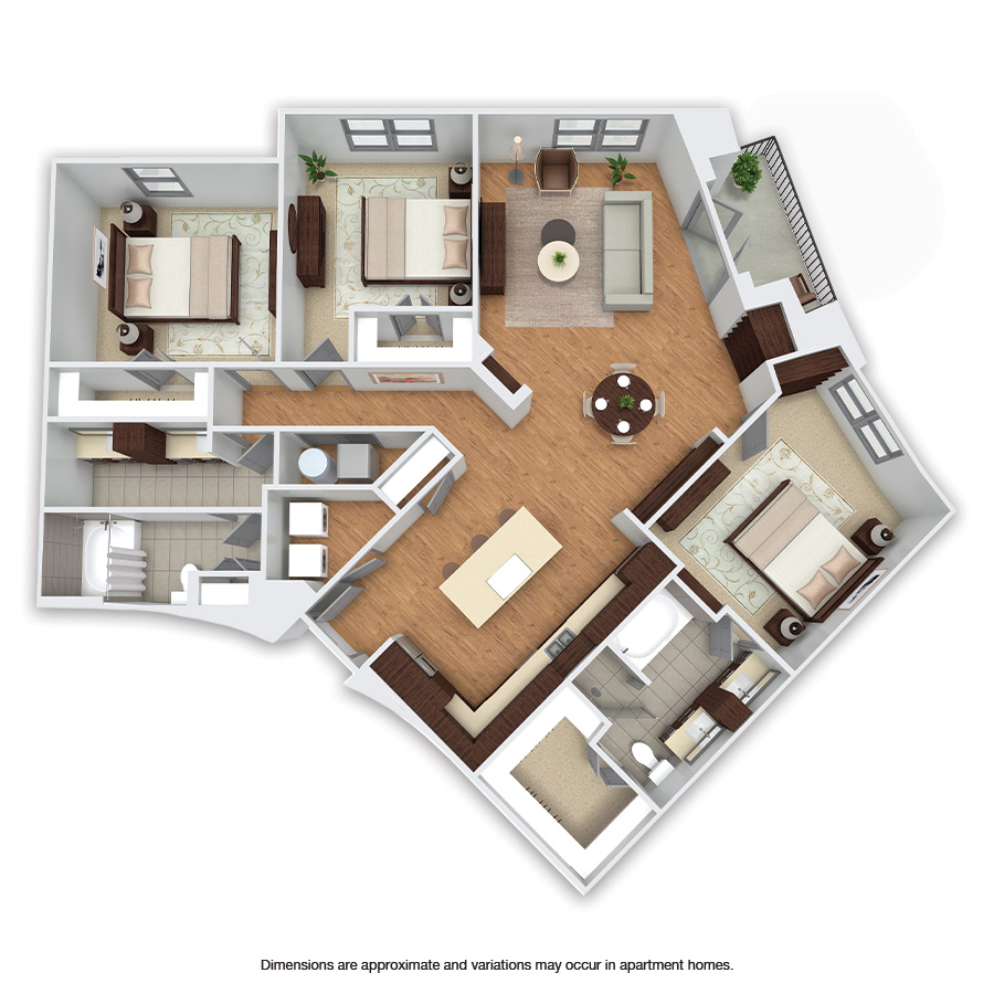 Rendering of the Spring floor plan with 3 bedroom[s] and 2 bathroom[s] at Griffis Uptown