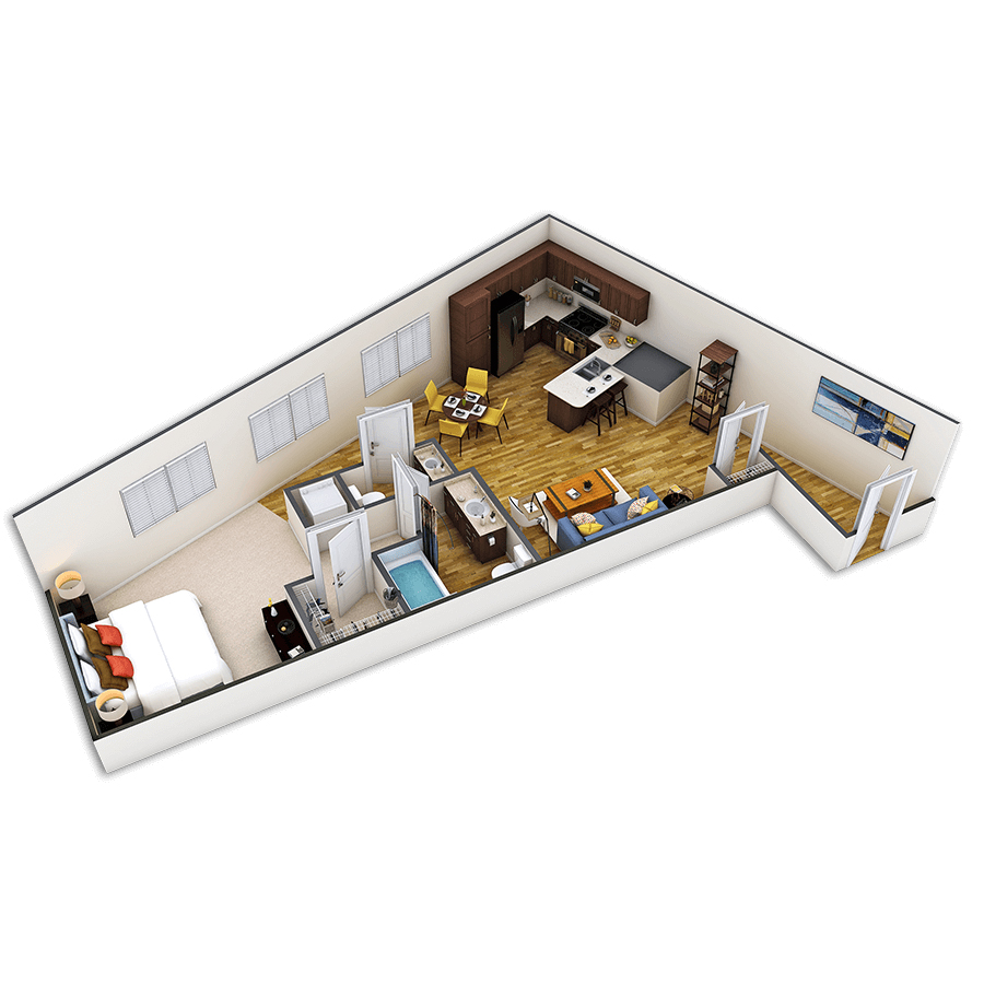 Rendering of the Welton floor plan with 1 bedroom[s] and 1.5 bathroom[s] at Griffis Union Station