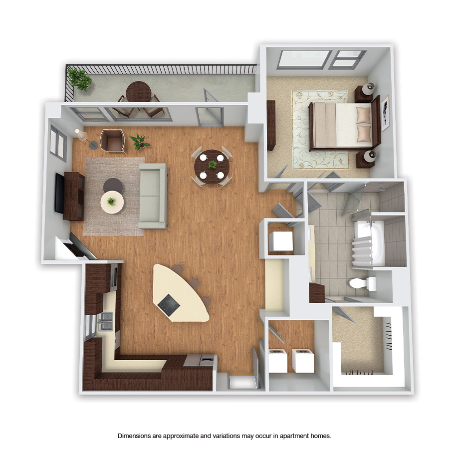 Rendering of the Horseshoe floor plan with 1 bedroom[s] and 1 bathroom[s] at Griffis Uptown